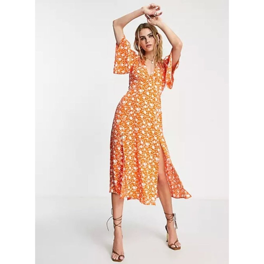Size 18 2X ORANGE FLORAL PRINT ANGEL SLEEVE MIDI/MAXI DRESS‎ Summer PLUS SIZE